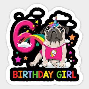 Pug Birthday - 6 Years Old Unicorn Pugicorn Party Sticker